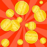 Background of falling gold coins isolated on colored background. Rain of shiny dollar coins. Winning or jackpot concept. Vector illustration