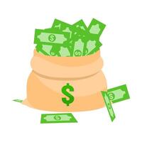 Vector illustration of a fully filled money bag. Stack of dollars in sack isolated on white background.