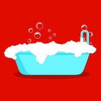 Blue bathtub with soap bubbles and flowing water isolated on red background. Time to shower. The concept of a place to clean the body and swim. Vector illustration