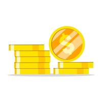 Vector illustration of stack of gold coins isolated on white background. One shiny coin stands on a pile of coins. Concept of wealth, income and investment.