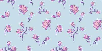 Abstract creative tiny branches rosebuds, rose seamless pattern on the pastel blue background. Vector hand drawn sketch cute ditsy simple flowers. Collage template for printing, patterned