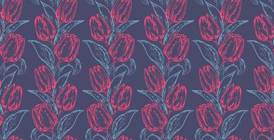 Artistic stylized shapes branches tulips with leaf intertwined in a seamless pattern. Vector drawn illustration red lines outlines flowers and blue leaf. Abstract simple botanical on blue background.