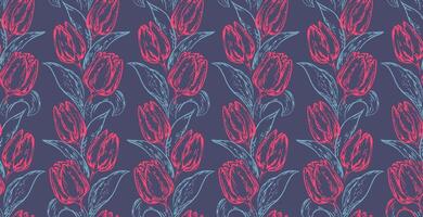 Artistic stylized shapes branches tulips with leaf intertwined in a seamless pattern. Vector drawn illustration red lines outlines flowers and blue leaf. Abstract simple botanical on blue background.