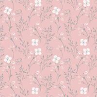 Contour silhouette seamless pattern with tiny gently branches, flowers and buds. Abstract gently floral stems patterned on a pastel pink background. Vector hand drawn sketch. Collage for designs