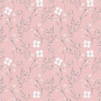 Contour silhouette seamless pattern with tiny gently branches, flowers and buds. Abstract gently floral stems patterned on a pastel pink background. Vector hand drawn sketch. Collage for designs