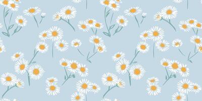 Seamless abstract stylized branches white flowers daisy chamomiles pattern on a blue background. Cute tiny shapes ditsy floral patterned. Vector hand drawn sketch. Collage for designs, printing