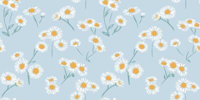 Seamless abstract stylized branches white flowers daisy chamomiles pattern on a blue background. Cute tiny shapes ditsy floral patterned. Vector hand drawn sketch. Collage for designs, printing