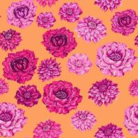 Beautiful saturated stylized pink peonies, dahlias seamless pattern. Artistic, abstract blossoms flowers printing on a yellow background. Vector hand drawn illustration watercolor. Template for design