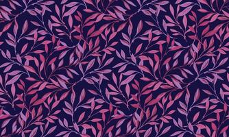Ornate burgundy tiny branches leaves intertwined in seamless pattern. Vector hand drawn illustration. Abstract artistic leaf stems patterned on a dark blue background. Collage for design, printing