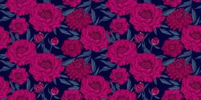 Ornate chic burgundy floral and leaves seamless pattern. Artistic abstract flowers peonies dahlias on a dark blue background. Vector drawn illustration. Design for fabric, fashion, textile, printing