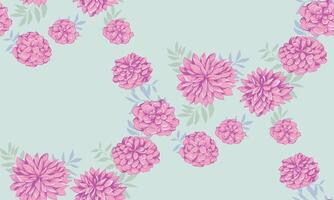 Gently pastel pink stylized flowers dahlias and branches leaves intertwine in a seamless pattern. Abstract artistic spring floral on a mint green background. Vector hand drawn sketch illustration.