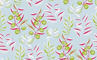 Creative stylized branches leaves abstract olives, seamless pattern. Vector hand drawn. Light pastel blue background with shapes leaf stems shapes drops, berries printing. Template for design, textile