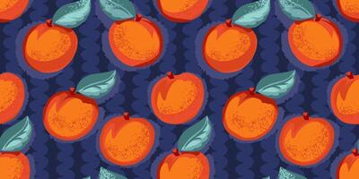 resumen estilizado naranja albaricoque o melocotón con hojas sin costura modelo. vector mano dibujado bosquejo. brillante ilustración frutas estampado o oscuro azul a rayas antecedentes. modelo para diseño, impresión