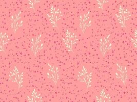 Seamless pattern with abstract flat branches with shapes drops, dots, spots. Trendy simple stylized tiny floral and polka dots, on a peach background. Vector hand drawn sketch. Template for design