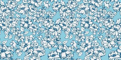 Vector drawn abstract, artistic textured floral pattern. Stylized shape blue floral  printing. Blooming spring or summer meadow seamless background. Template for design, textile, fashion