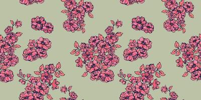 Seamless pattern with bouquets creative stylized wild flowers, buds, leaves. Blooming red abstract floral branches on a green background. Vector hand drawn. Collage template for printing, patterned,