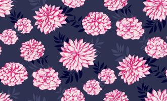 Bright pink stylized flowers peonies with shape branches leaves on a dark background. Abstract artistic floral printing. Vector hand drawn illustration. Design for fashion, fabric, textiles