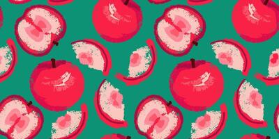 Seamless pattern with abstract, stylized shapes apples and apple slices on a green background. Summer bright red geometric fruits patterned. Vector hand drawn sketch apples textured printing.