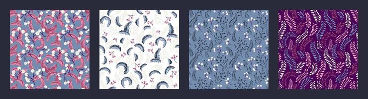 Blue purple collage set of seamless patterns with creative, abstract branches with tiny shapes leaves, stylized berries, drops, polka dots, random spots, twisted print. Vector hand drawn.