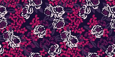 Blossoms abstract, artistic shapes rose flowers, leaves, buds, seamless pattern. Vector hand drawn sketch. Stylized creative colorful floral brush patterned on a black background.Template for design