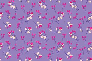 Purple pastel seamless pattern with creative abstract tiny branches with leaves, berries, drops. Cute decorative stylized floral polka dots print. Vector hand drawn illustration. Template for design