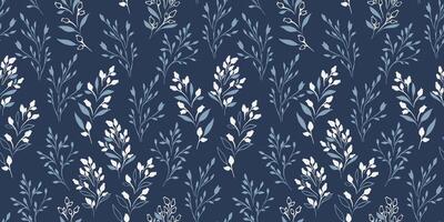 Monotone blue simple seamless pattern with tiny branches leaves with abstract flowers buds. Vector hand drawn sketch. Stylized creative contour silhouette, floral stems winter printing. Collage