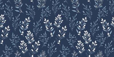 Monotone blue simple seamless pattern with tiny branches leaves with abstract flowers buds. Vector hand drawn sketch. Stylized creative contour silhouette, floral stems winter printing. Collage