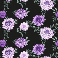 Elegance seamless pattern with violet flowers and tiny gently green branches leaves. Vector drawn illustration stylized peonies dahlias. Abstract artistic colorful floral on a dark black background.