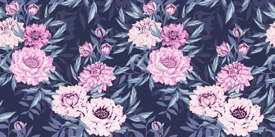 Ornate artistic abstract flowers and  leaves, branches seamless pattern on blue background. Elegance stylized bouquets of peonies, dahlias and leaf shapes. Vector drawn illustration of blooming floral