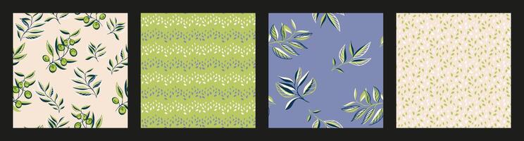 Green blue collage of set seamless patterns with creative simple olive branches, abstract berries, leaves, random drops, spots, polka dots.Vector hand drawn sketch.Templates for design, printing vector