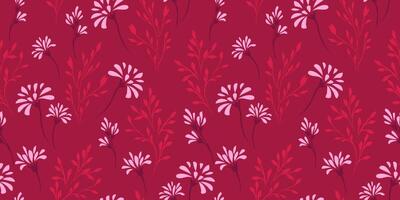 Seamless simple creative floral stems with spots, drops, pattern. Vector hand drawn ditsy flowers printing. Abstract burgundy background with tiny branches leaves. Template for design, fashion