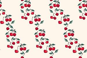 Seamless artistic stylized red cherries pattern on a light background. Summer berries, fruits, leaves printing. Vector hand drawn abstract, simple cherry. Design ornament for fabric, textile