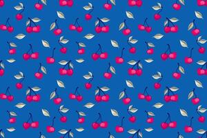 Abstract stylized cherry seamless pattern on a blue background. Summer red berries, leaves, background printing. Vector hand drawn fruits illustration. Collage for design, printing, patterned