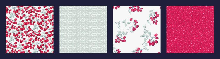 Pastel light collage of set seamless patterns with creative, stylized branched berries, juniper, barberry, abstract simple texture printing, random spots, polka dots, lines. Vector hand drawn.