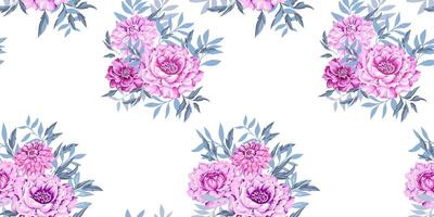 Artistic abstract  bouquets flowers peonies, dahlias with branches leaves and silhouettes leafs on white background. Gently beautiful stylized pink floral seamless pattern. Vector drawn illustration