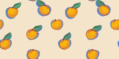 Abstract stylized apricots or peaches with leaves scattered randomly in a seamless pattern. Vector hand drawn sketch illustration. Summer retro creative fruits patterned on a beige light background.