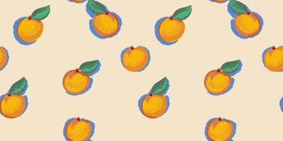 Abstract stylized apricots or peaches with leaves scattered randomly in a seamless pattern. Vector hand drawn sketch illustration. Summer retro creative fruits patterned on a beige light background.