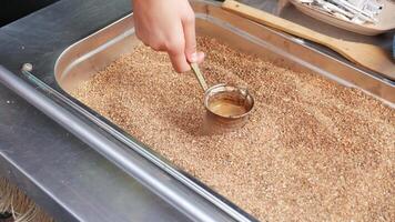 top view of making traditional turkish coffee on sand video