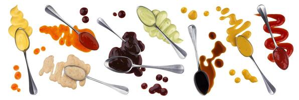 Sauce with spoon isolated on white background, collection of different spilled and flowing sauces photo