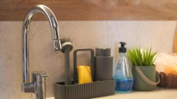 A kitchen sink with faucet, sponges, soap, and plant in flowerpot video