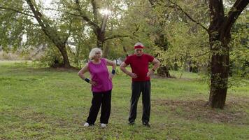 Senior active couple doing sport physical exercises outdoor in city park. Morning stretching workout video