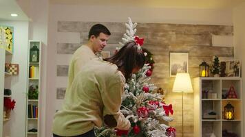 Caucasian couple having fun while decorate their christmas tree. Decorating beautiful xmas tree with glass ball decorations. Wife and husband in matching clothes helping ornate home with garland lights video
