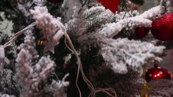 révélateur coup de Jeune femme décorer Noël arbre avec cristal globe. décorer magnifique Noël arbre avec verre Balle décorations. épouse et mari dans correspondant à vêtements portion fleuri Accueil avec guirlande lumières video