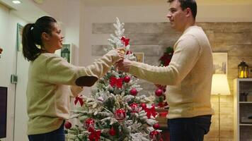 Beautiful young couple drinking champagne while they decorate the christmas tree for winter holidays. Decorating beautiful xmas tree with glass ball decorations. Wife and husband in matching clothes helping ornate home with garland lights video