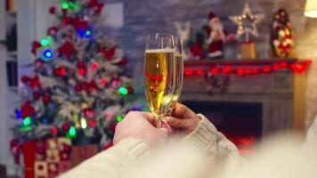 Close up of romantic couple clinking champagne to celebrate christmas. Christmas tree celebration, new year eve with sparkling wine in cozy home with fireplace. Xmas emotions holiday and family video