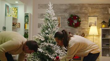 Cheerful young couple decorate christmas tree and waiting for santa. Decorating beautiful xmas tree with glass ball decorations. Wife and husband in matching clothes helping ornate home with garland lights video