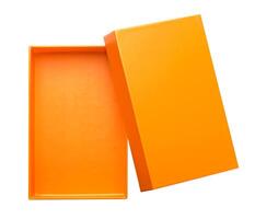 Orange open cardboard box mock up isolated on white background, top view, template for design photo