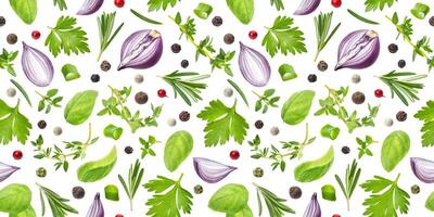 Different spices and herbs seamless pattern isolated on white background, top view photo