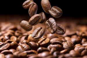 Falling coffee beans close-up, flying coffee beans over dark background photo