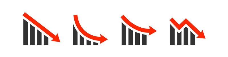 Graph decline icon. Arrow down symbol. Decayed diagram. Finance loss. Economy crisis graphic. Negative chart. Vector illustration.